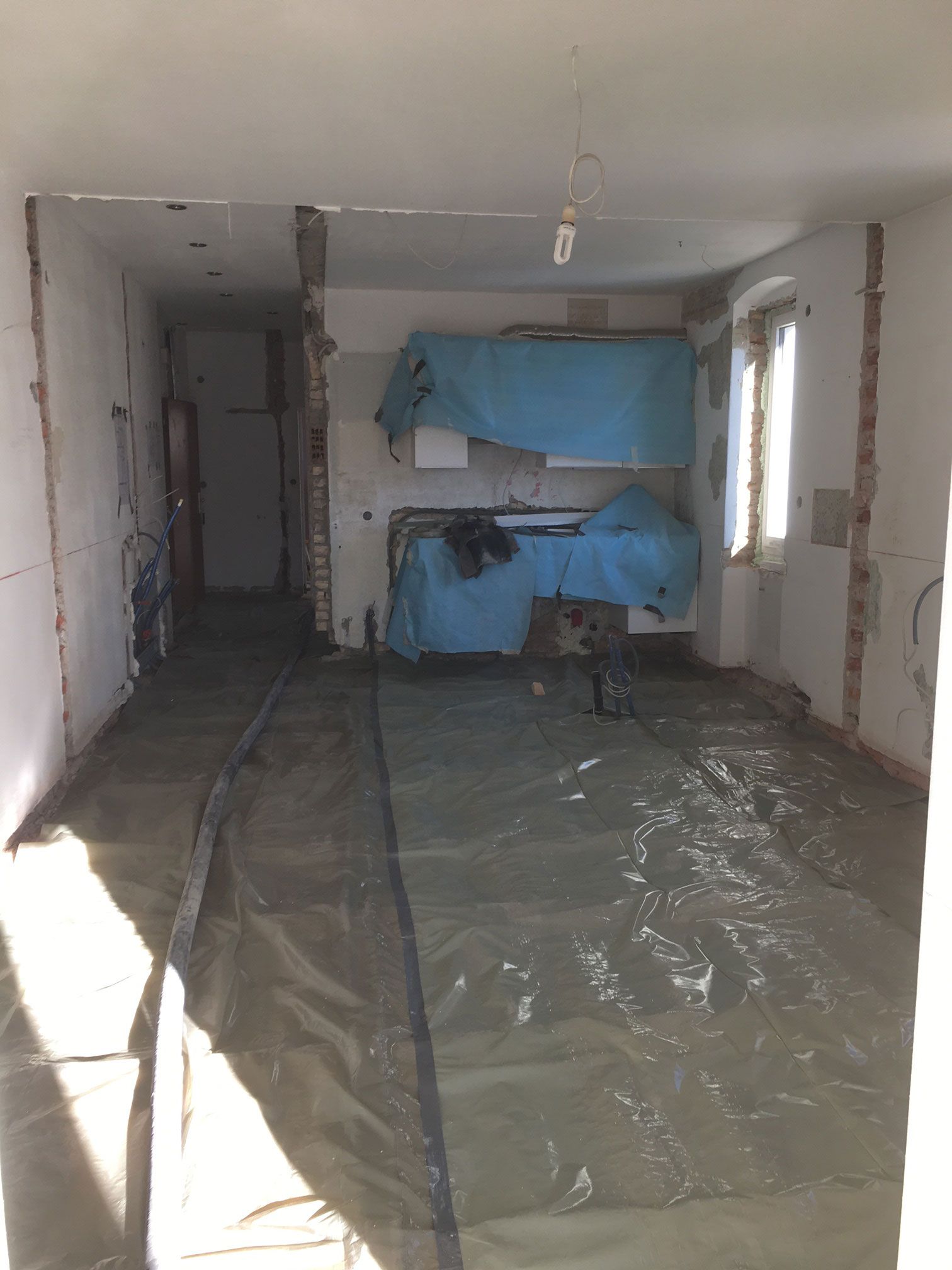 Renovation room with plastic-covered floor, blue wall coverings, exposed walls, and sunlight from a window