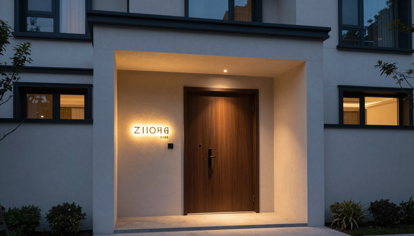 Detalhe de números residenciais em metal com iluminação noturna
