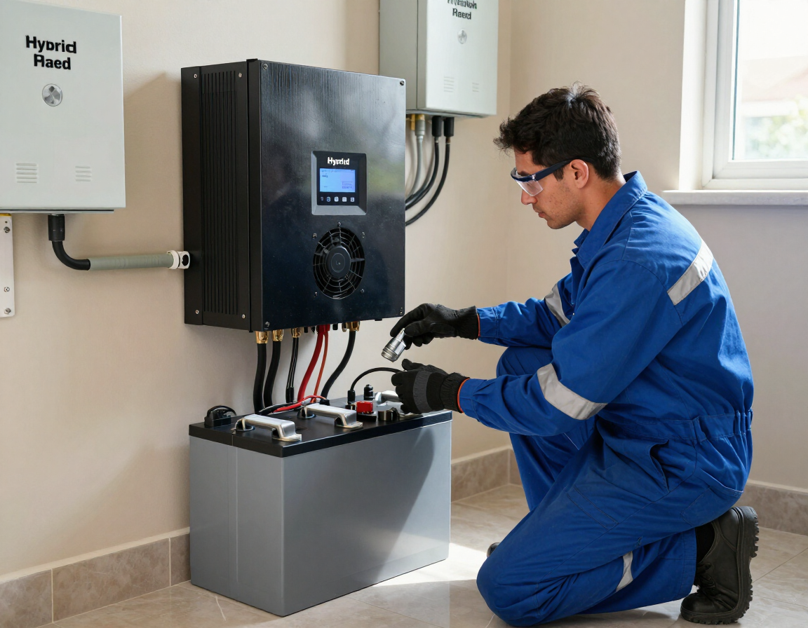 Instalador verificando conexões de um sistema solar com armazenamento