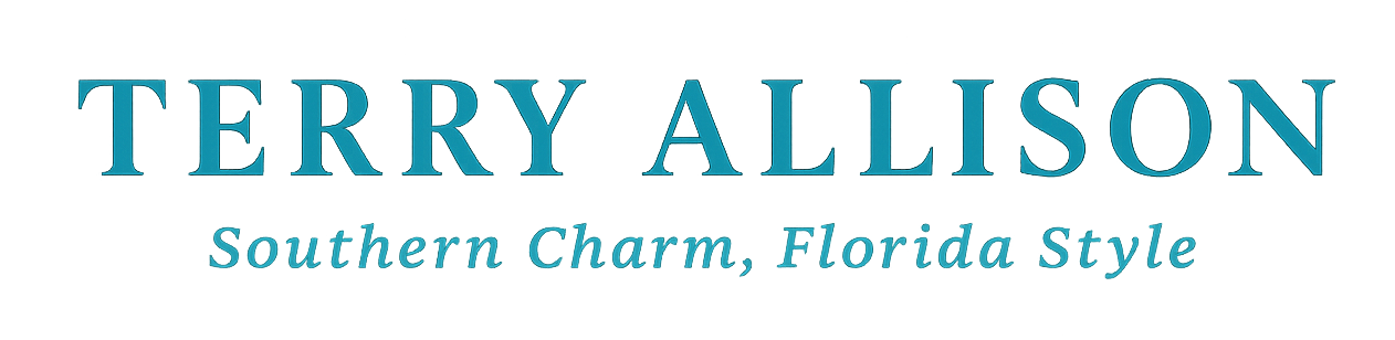 "TERRY ALLISON" teal logo with yellow dots, Southern Charm, Florida Style."