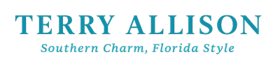 "TERRY ALLISON" teal logo with yellow dots, Southern Charm, Florida Style."