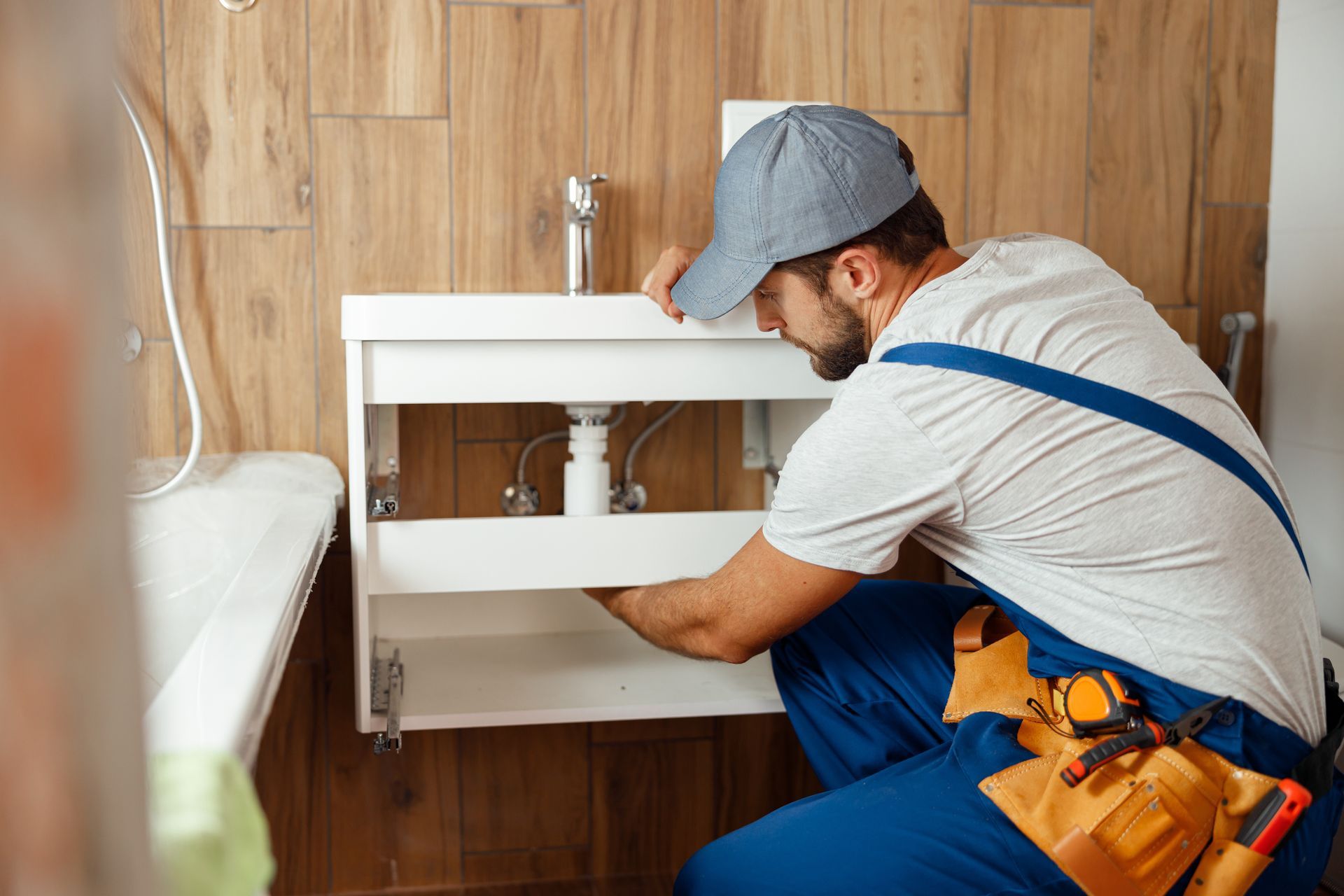 Plumber installing a white bathroom vanity with a cap, shirt, and blue overalls, working near a bathtub.
