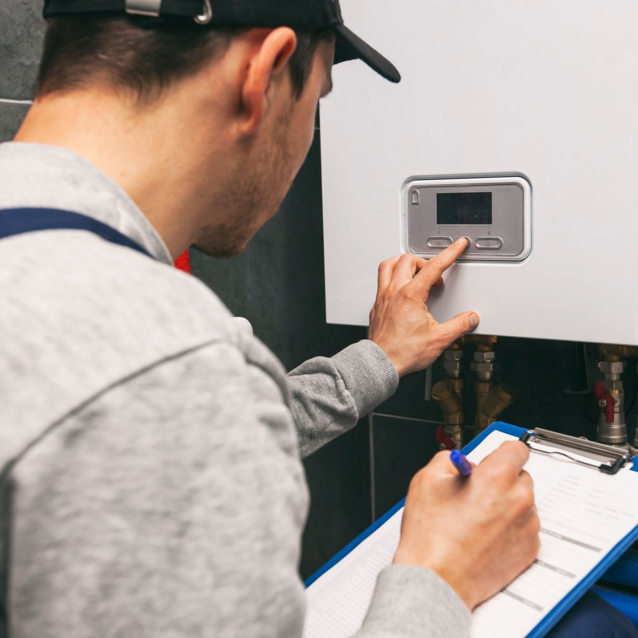 Person in a cap inspecting a white appliance, pressing buttons, and taking notes on a clipboard. Person in a cap inspecting a white appliance, pressing buttons, and taking notes on a clipboard.