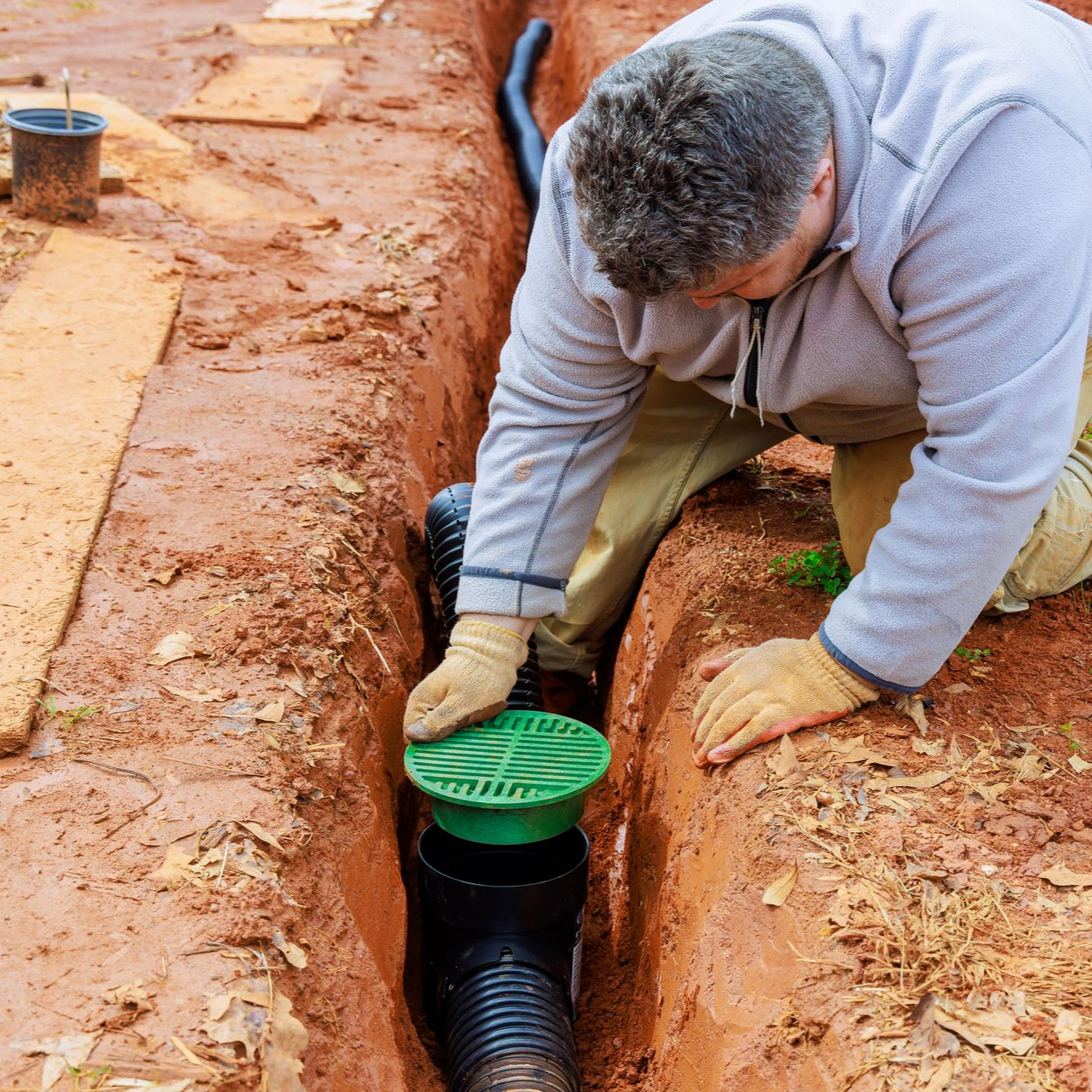 Man installing a green drainage grate in a trench with black corrugated pipe. Man installing a green drainage grate in a trench with black corrugated pipe.
