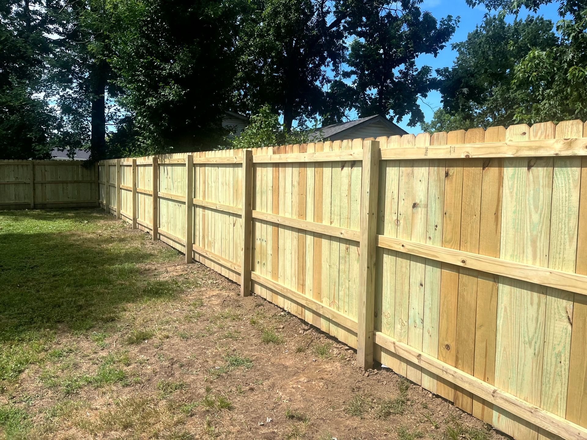 Wooden fence in backyard; green grass and trees in background.