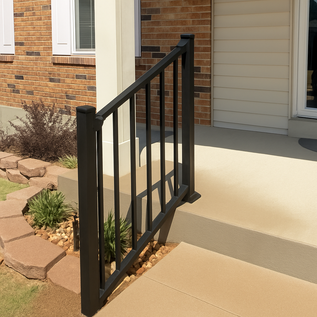 Black handrail on concrete steps leading to a house entrance.