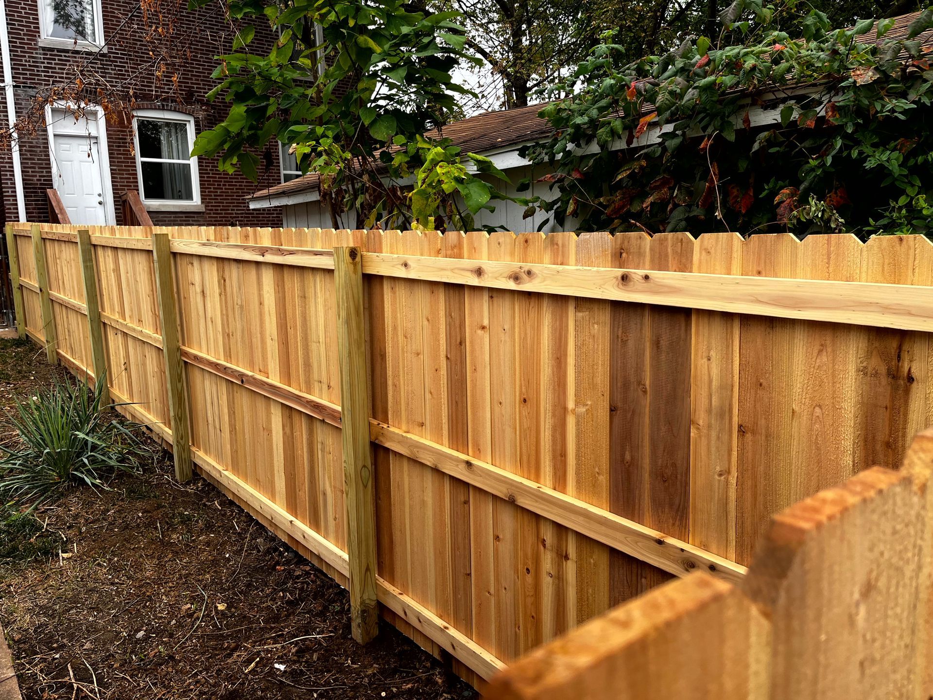 Wooden fence alongside a building with foliage.