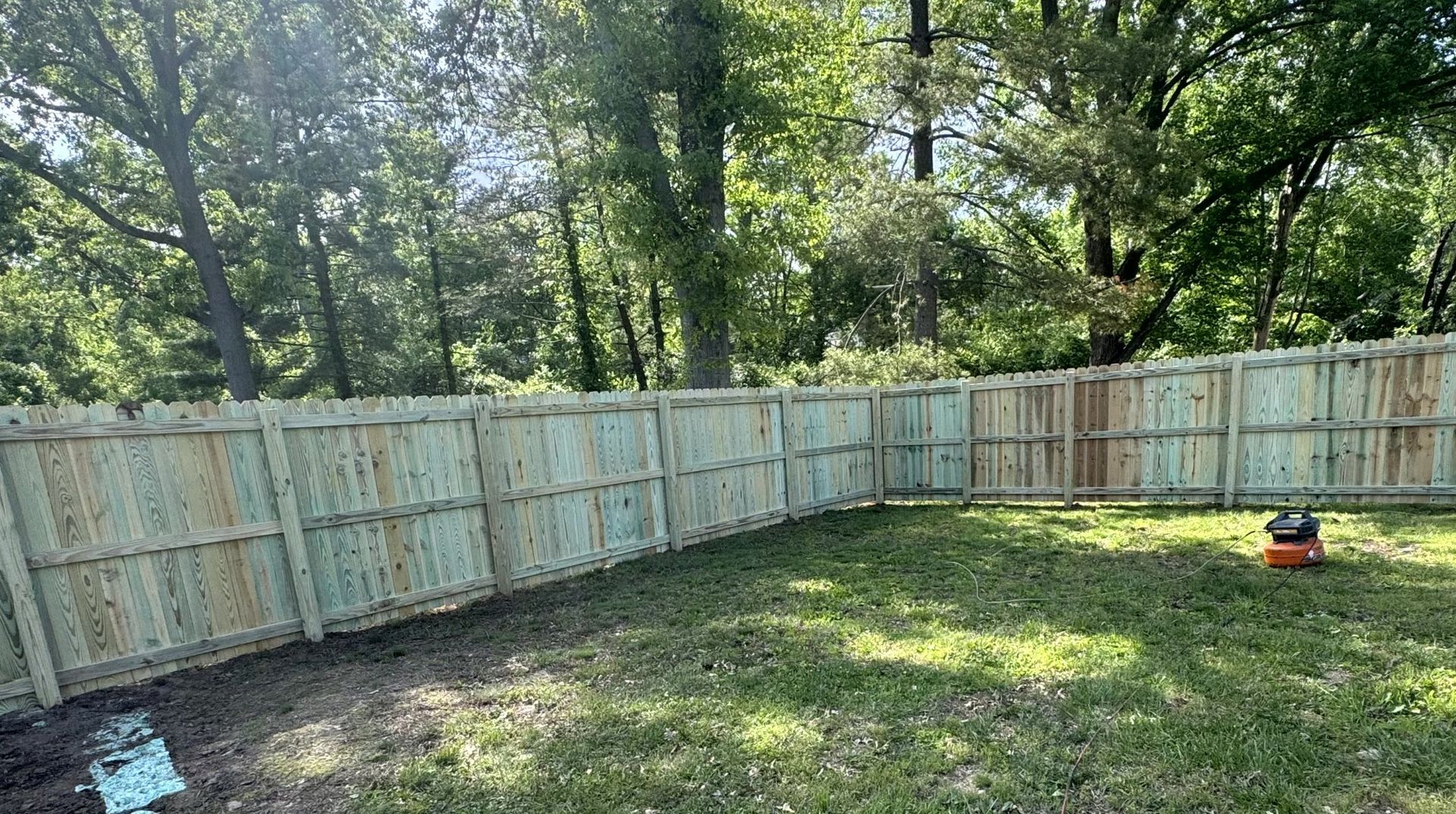 A pool with blue water, concrete deck, and black fence; trees in the background.