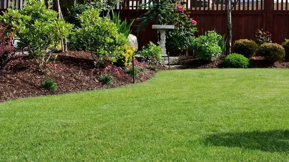 Well-kept green lawn with landscaped shrubs, flowers, and a wooden fence in a backyard garden