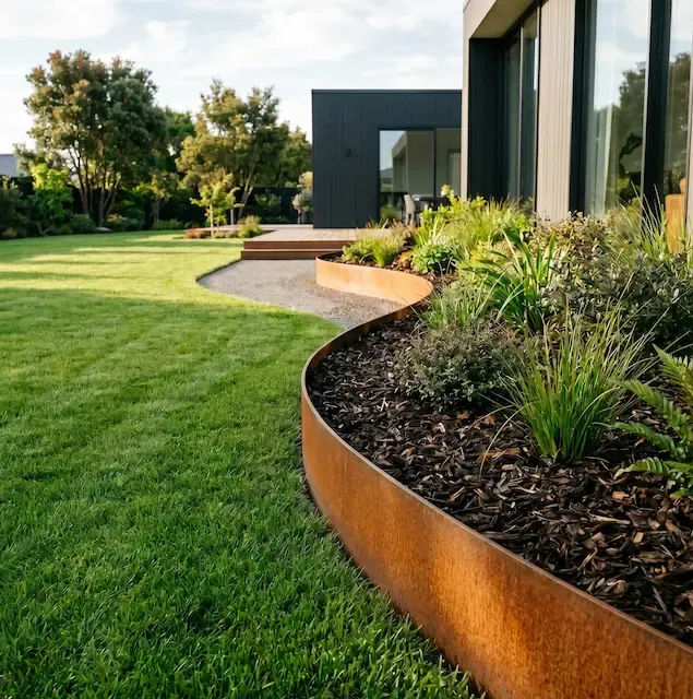 Modern landscaped yard with curved rusted metal edging, green lawn, and a contemporary building facade.