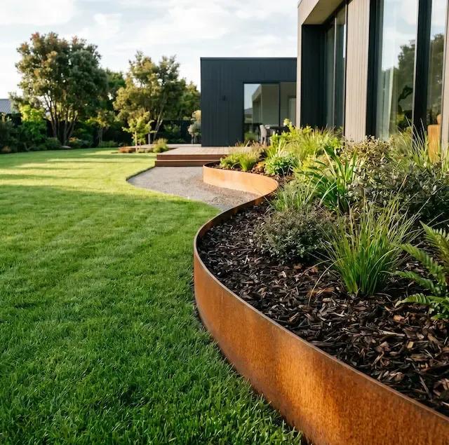 Modern house garden with curved rust-colored planter and lush green lawn