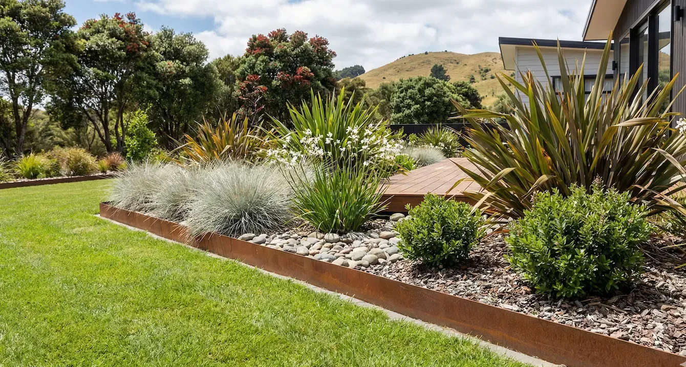 Modern garden border with green lawn, white flowering shrubs, and a house under a sunny sky