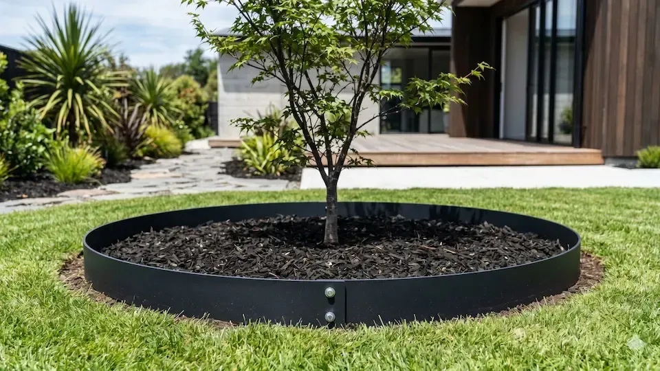 Circular black raised garden bed with a small tree in a landscaped yard beside a modern house