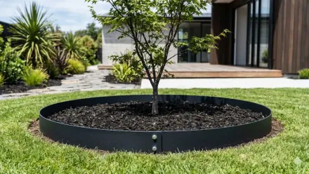 Circular black raised garden bed with a small tree in a landscaped yard beside a modern house
