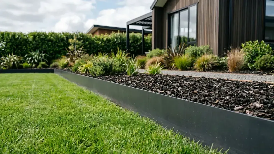 Modern house exterior with a lawn and black garden edging beside a gravel bed
