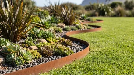 Curved metal-edged succulent bed beside a green lawn in bright sunlight