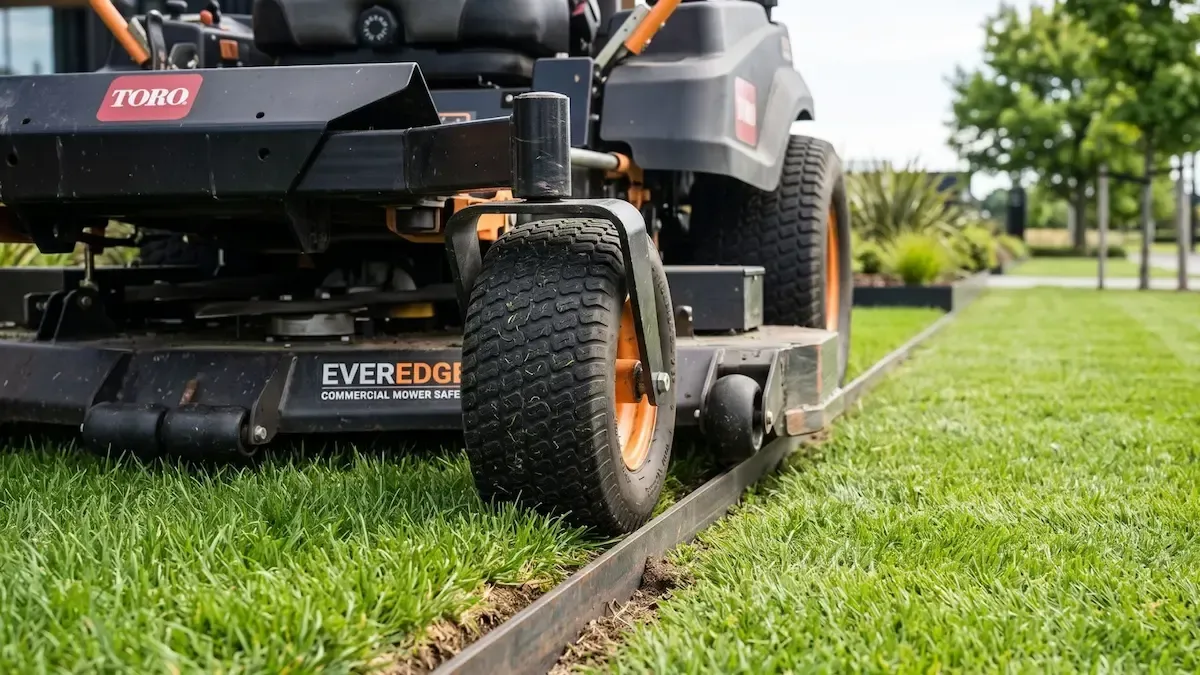 Lawn mower trimming grass along a straight edge beside a sidewalk