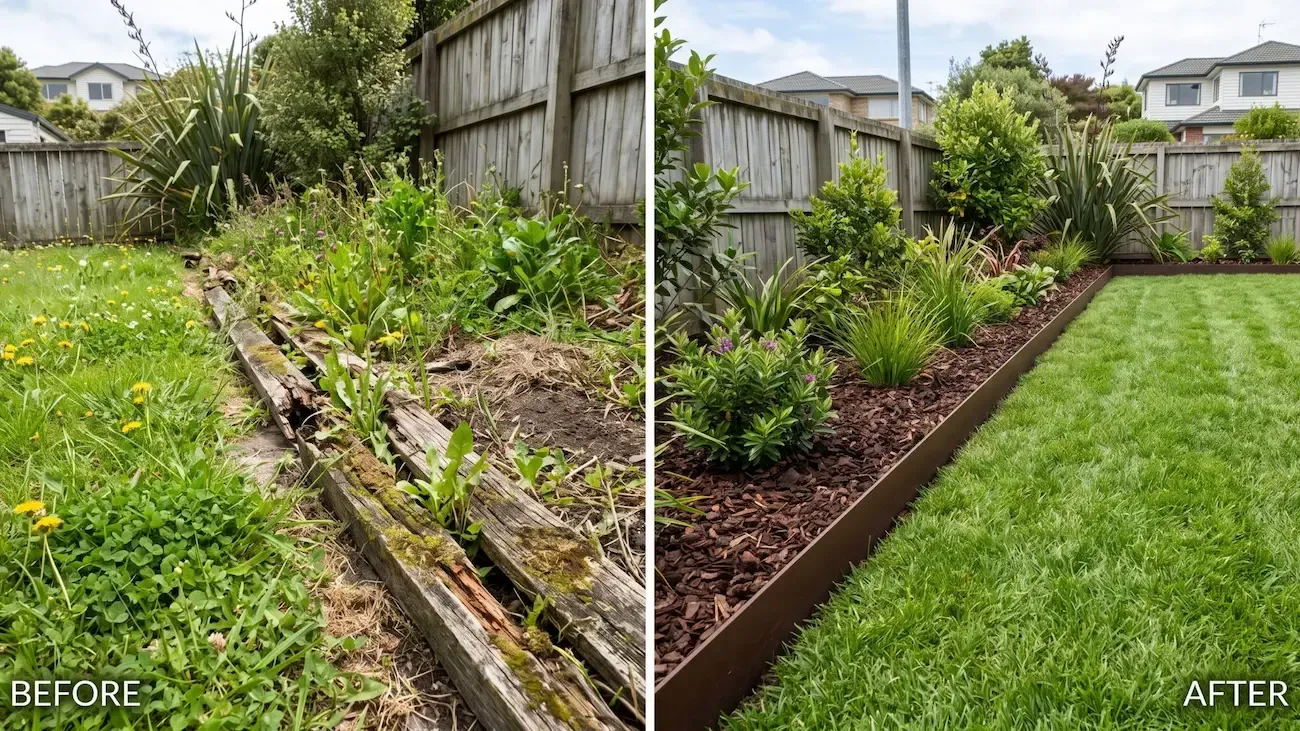 Before-and-after backyard: overgrown garden transformed into neat, mulched planting beds and lawn.