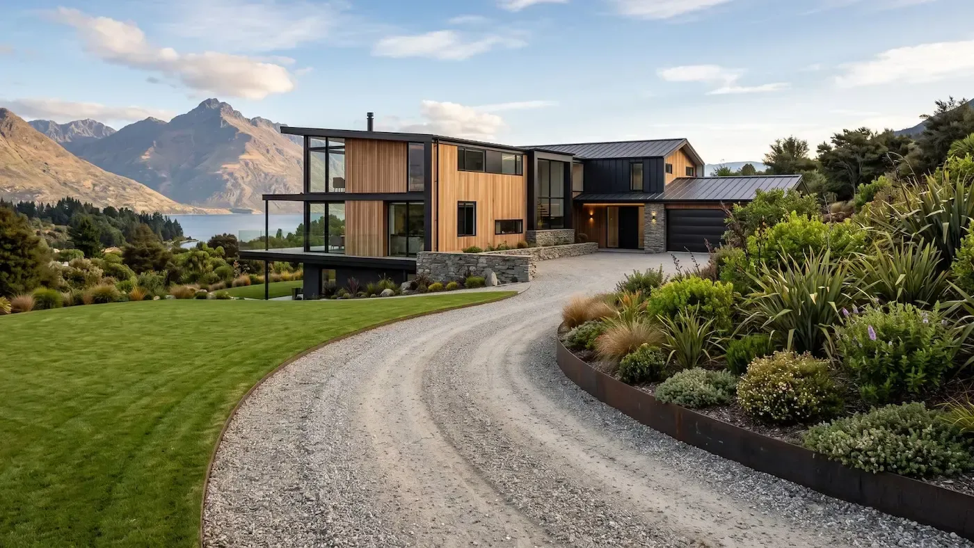 Modern house with a curved gravel driveway, green lawn, and mountain view at sunset