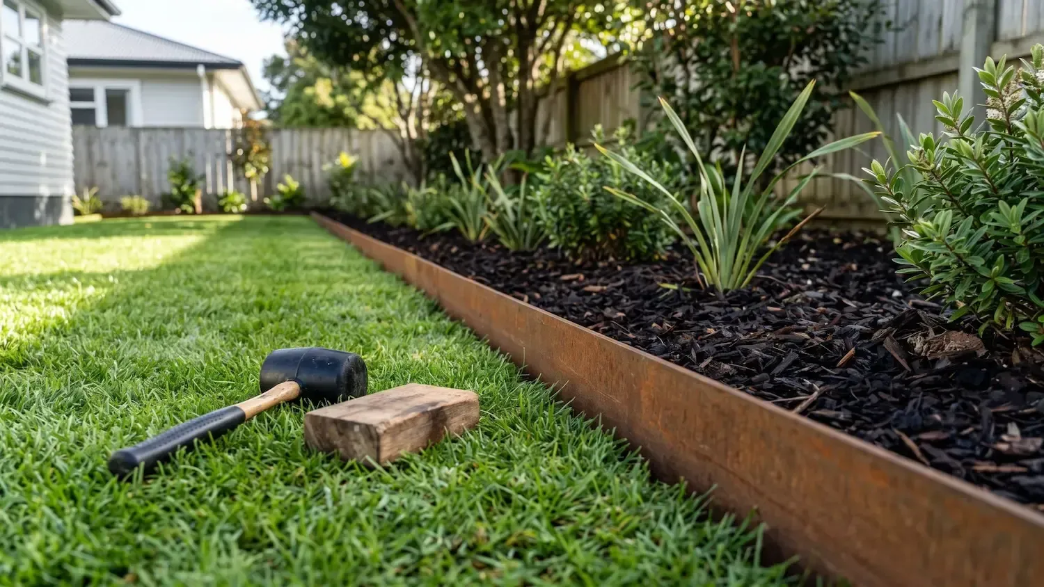 Garden bed edging along a grassy backyard, with a hammer and brick in the foreground.