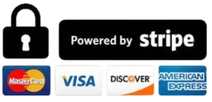 Secure payment badges: lock icon, “Powered by Stripe,” and Mastercard, Visa, Discover, and American Express logos