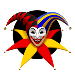 Colorful jester mask with red, yellow, and blue points on a black circle background