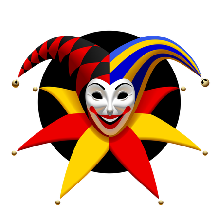 Colorful jester mask with red, yellow, and blue points on a black circle background