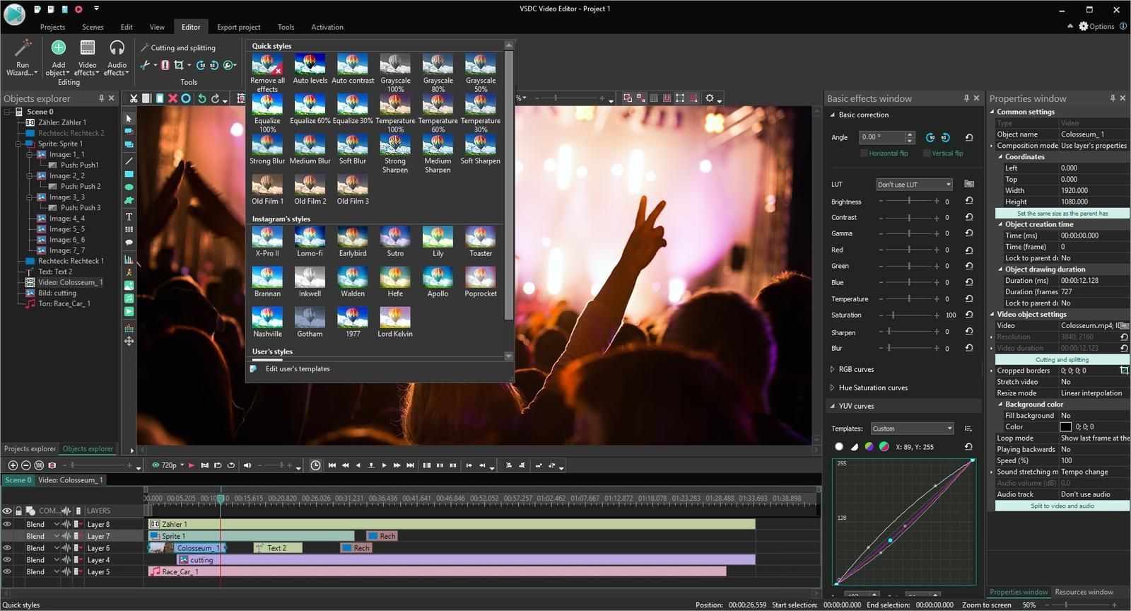 A computer screen displays the VSDC Free Video Editor software. Various options and menus are open, behind an open drop down menu is shown an image of a crowd of people at a concert.