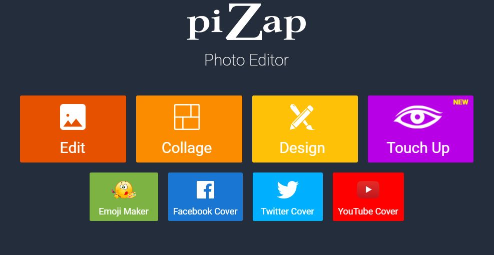 A screenshot of the pizap photo editor app interface, with bright buttons and icons.