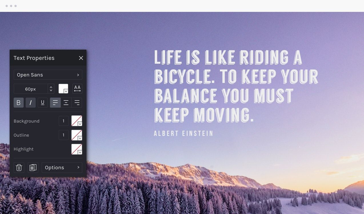 A screen shows the BeFunky interface, with a text properties diaglog box. An image of purple mountains behind purple tinged forests adrift in snow and a purplish blue sky gradient to white displays the text 