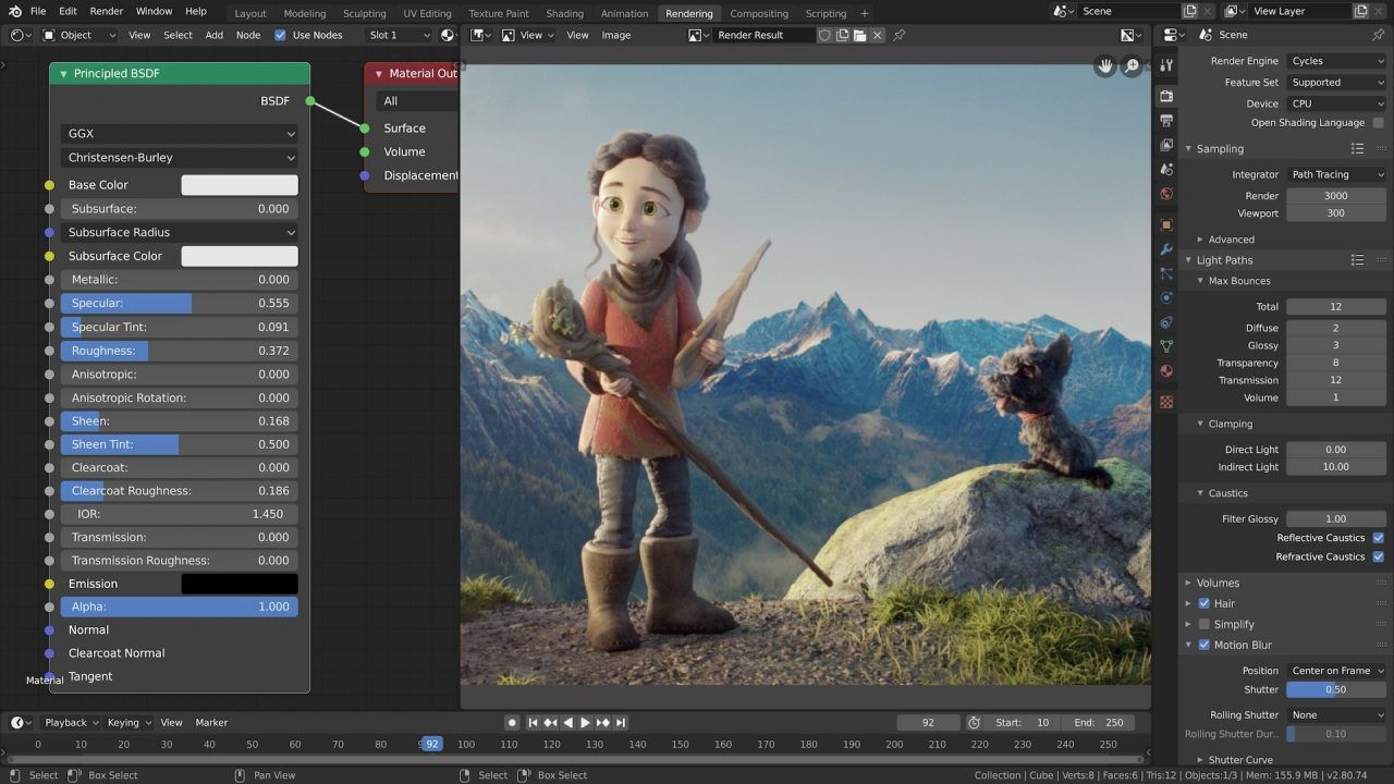 The Blender software interface is displayed with menus and options above, left and right of the main image area. In the image area is a 3d rendered cartoon character of a young woman. She is standing on hill next to a rock upon which sits a small Scotty dog. In the background there is a mountain range. She is dressed in outdoorsy clothing, including a bandana scarf around her neck. She is  holding a staff and some other pointed object, possibly a weapon.