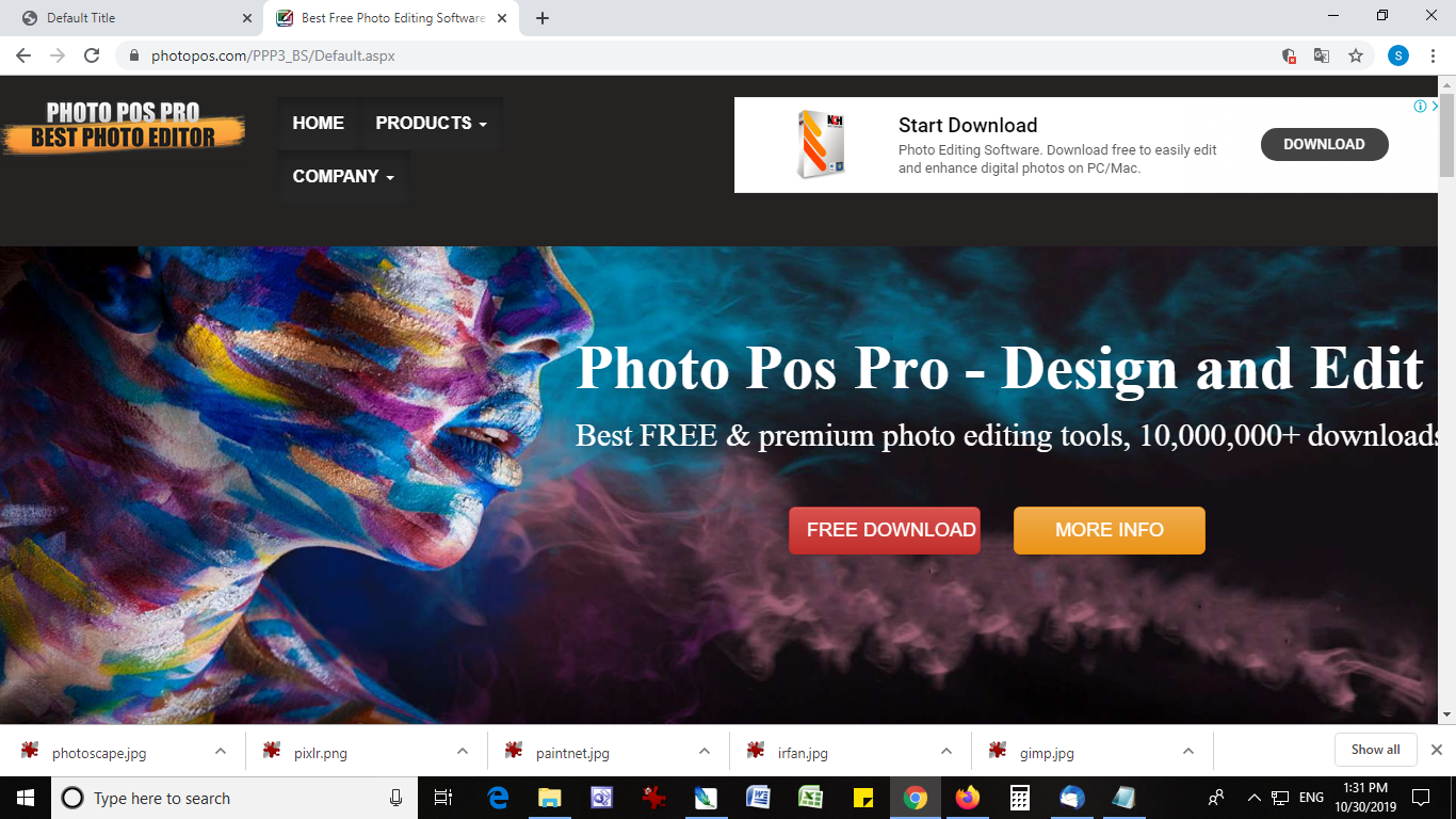 A computer screen displays the photo pos pro software, showing an image of a woman's face covered in paint strokes, with the text 