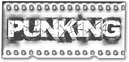 A black and white filmstrip type logotype with grunge effects on it that says the word punking