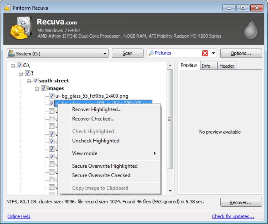 A screen shot of a program called Recuva. In the interface, we can see two panels, one with a file tree and another with a preview.
