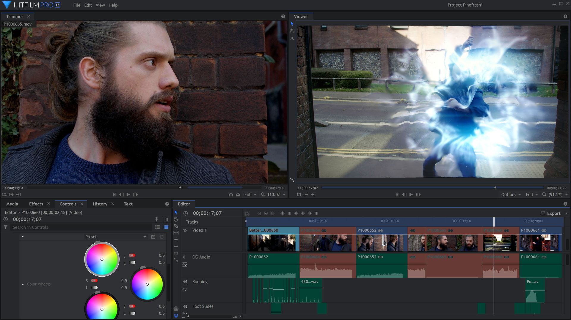 A computer screen displays the HitFIlm Express software interface. A man with a beard is standing in front of a brick wall with some foliage visible just off screen in one image area. In the next to the right of it a man in a dark suit appears to have been engulfed if white energy or light. Beneath these images are a series of options and interface settings.