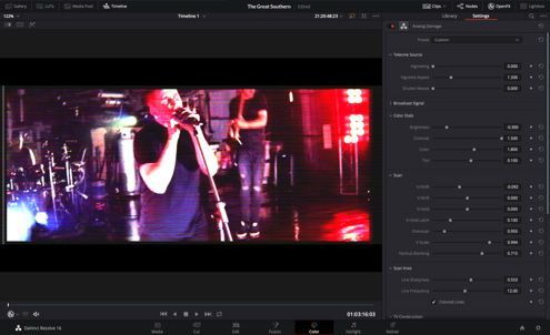 A computer screen shows the software interface for the DaVinci Resolve application. The image area shows a man singing into a microphone. To the right of that are a number of toggles and sliders.