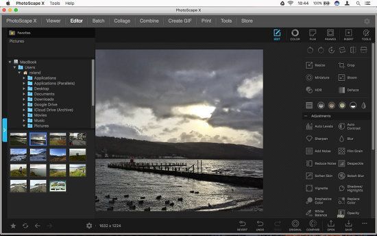 A computer screen display for the software PhotoScape X shows a picture of a body of water with a pier on it, with menus and tools on either side of the image.