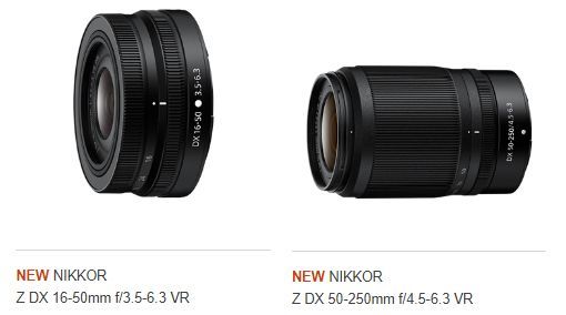 A picture of two Nikkor lenses on a white background, one short, one longer.