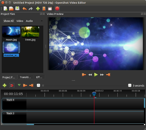 A computer screen shows the Openshot video editing program interface. Along with various menu and setting options, there is a semi abstract image that looks like it might be star charts next to a solar flare in space.