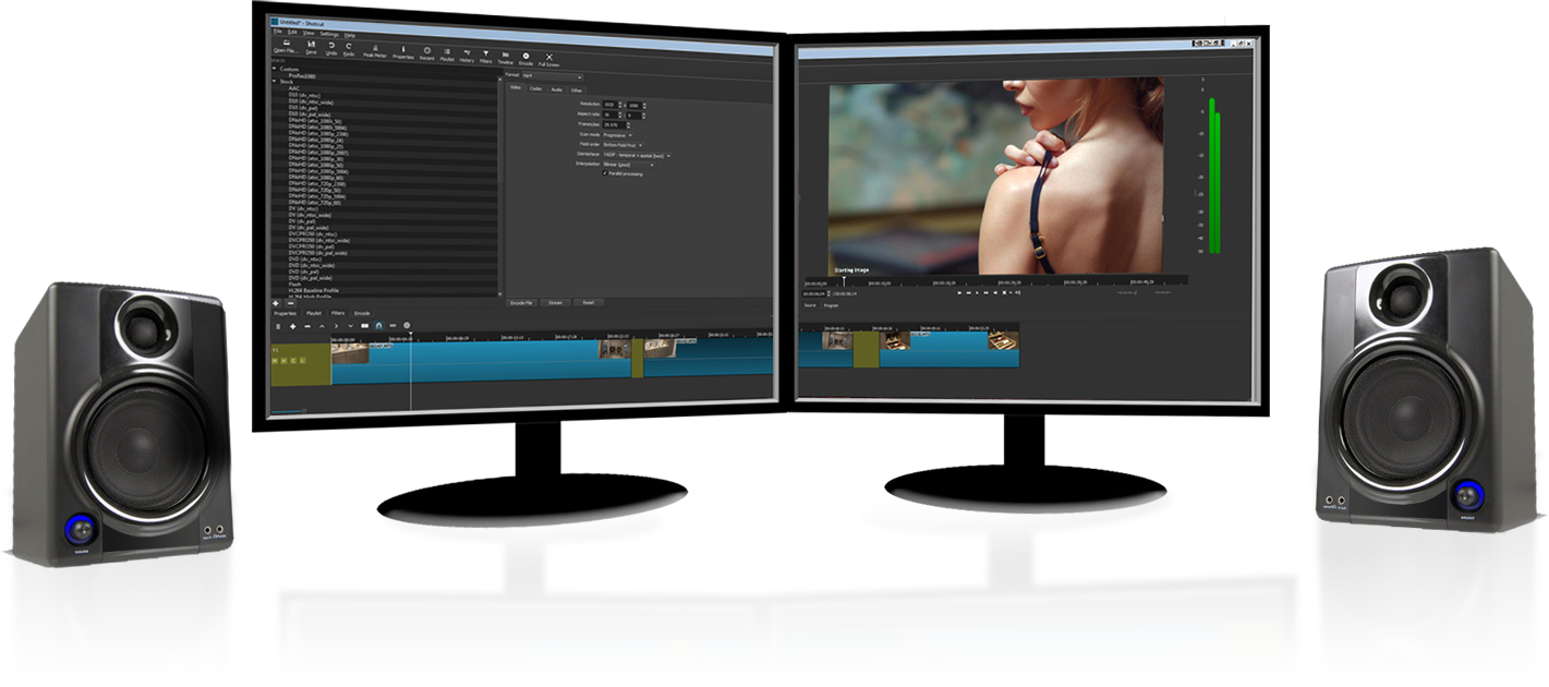 Two monitors and two speakers are sitting next to each other on a white surface. On the leftmost monitor the Shotcut software interface is displayed, on the one next to it is an image of a woman wearing a spaghetti strapped black dress. Her head is turned in profile but we only see the bottom of her face from slightly above the base of her nose, and slightly before the back of her head. Her bare back is facing the camera and one bare top of her shoulder down to the armpit. Her hand rest on top of her shoulder as if to remove the strap. her other shoulder is out of frame.