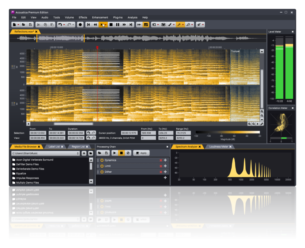 A computer screen displays the Acoustica 7 software interface. The intreface has a bunch of menus and options along with soundwaves for the audiofile tracks.