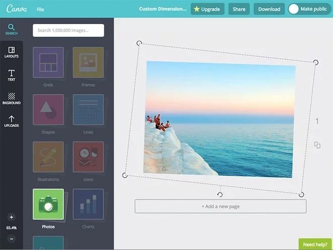 A computer screen shows the Canva website software tool. Next to the software interface menu is a picture of people on rocks next to a clear blue ocean.