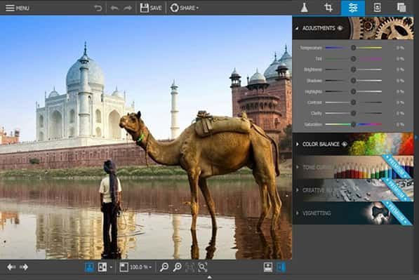 A screen displays the inpixio software interface. On it next to a menu is a photo of a man is standing next to a camel in front of the taj mahal.