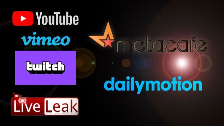 A collage of logos for Youtube, Vimeo, Twitch, Metacafe, Liveleak and Dailymotion