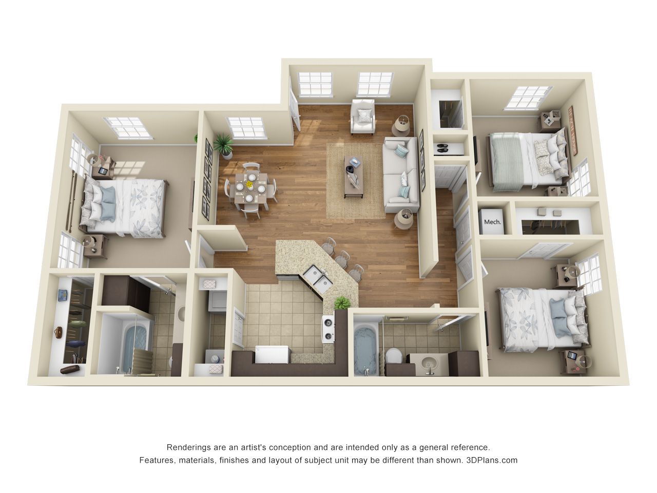 3D floor plan of a furnished apartment with three bedrooms, a central living area, kitchen, and bathrooms