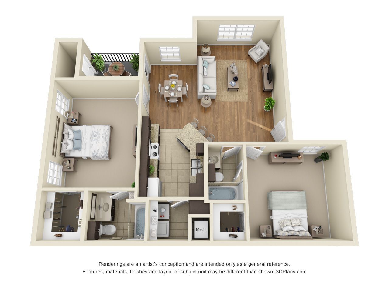 3D apartment floor plan with bedroom, living area, kitchen, bathroom, and dining nook