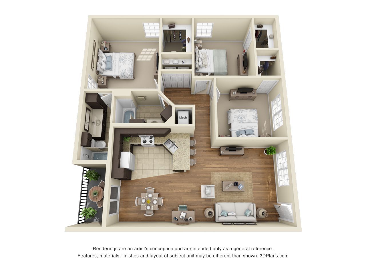 3D apartment floor plan with living room, kitchen, bathroom, and two bedrooms