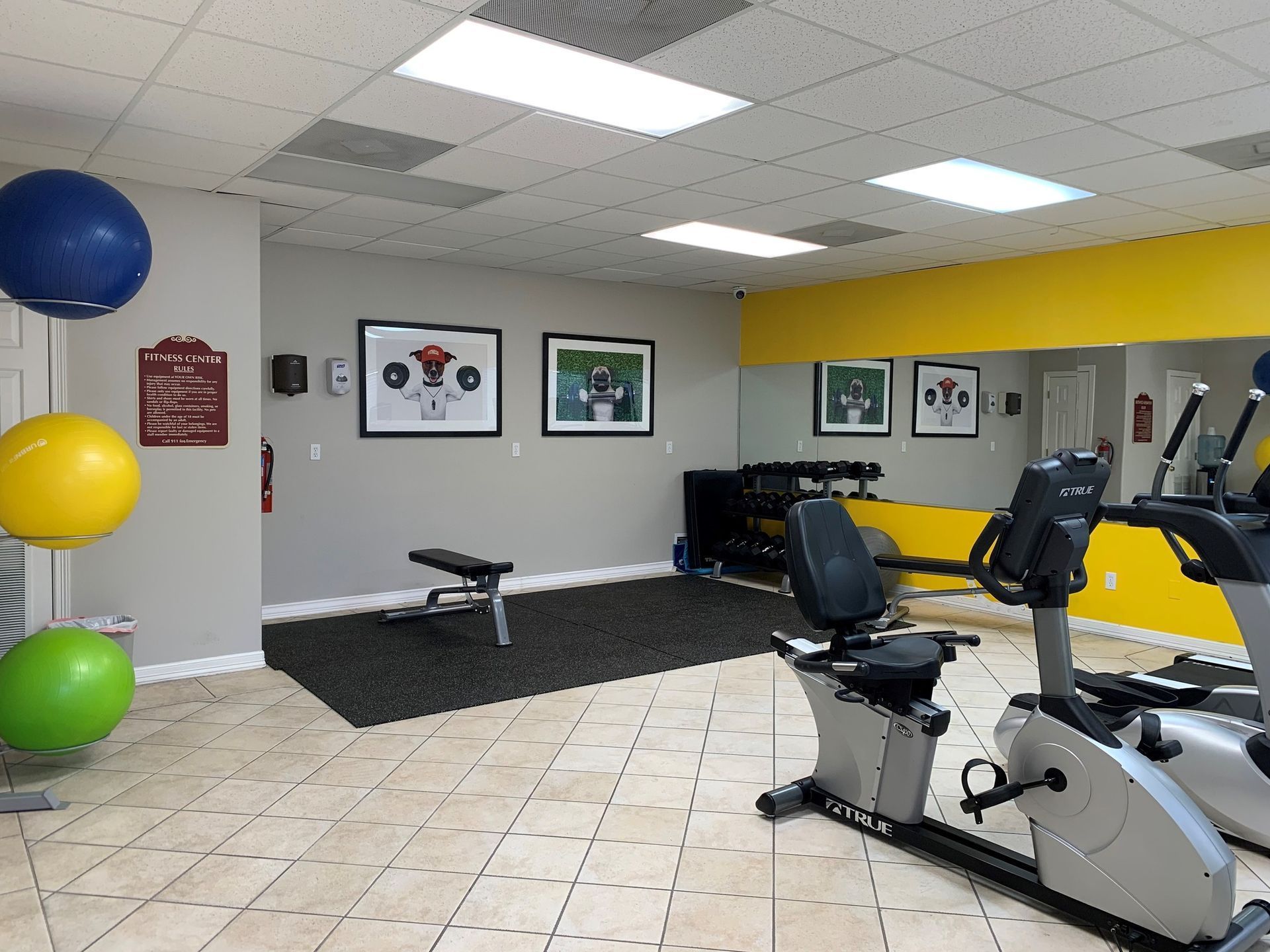 Gym room with exercise bikes, stability balls, and a weight bench on tiled and black flooring.