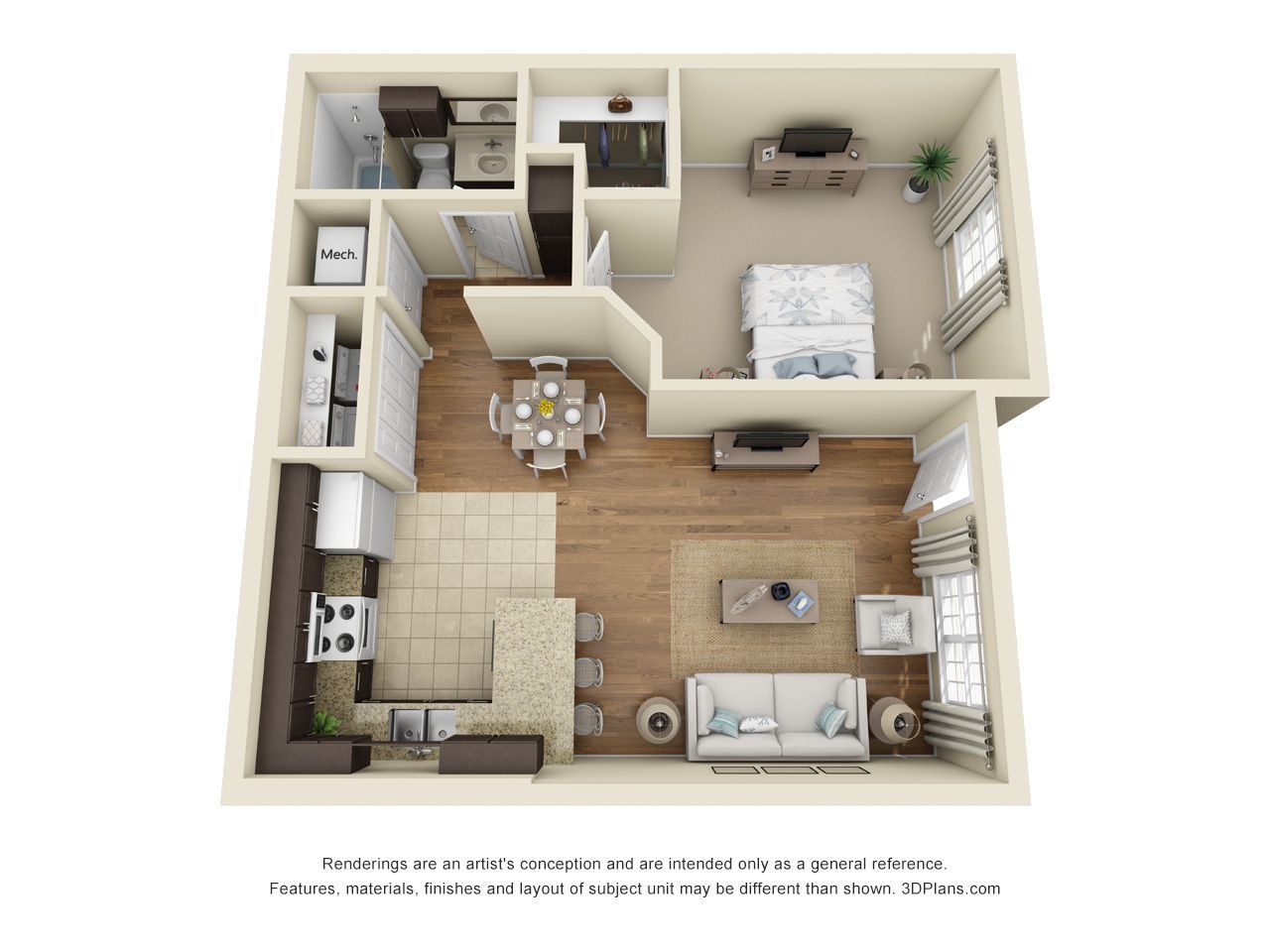 3D floor plan of a compact apartment with kitchen, living area, bedroom, bath, and dining space