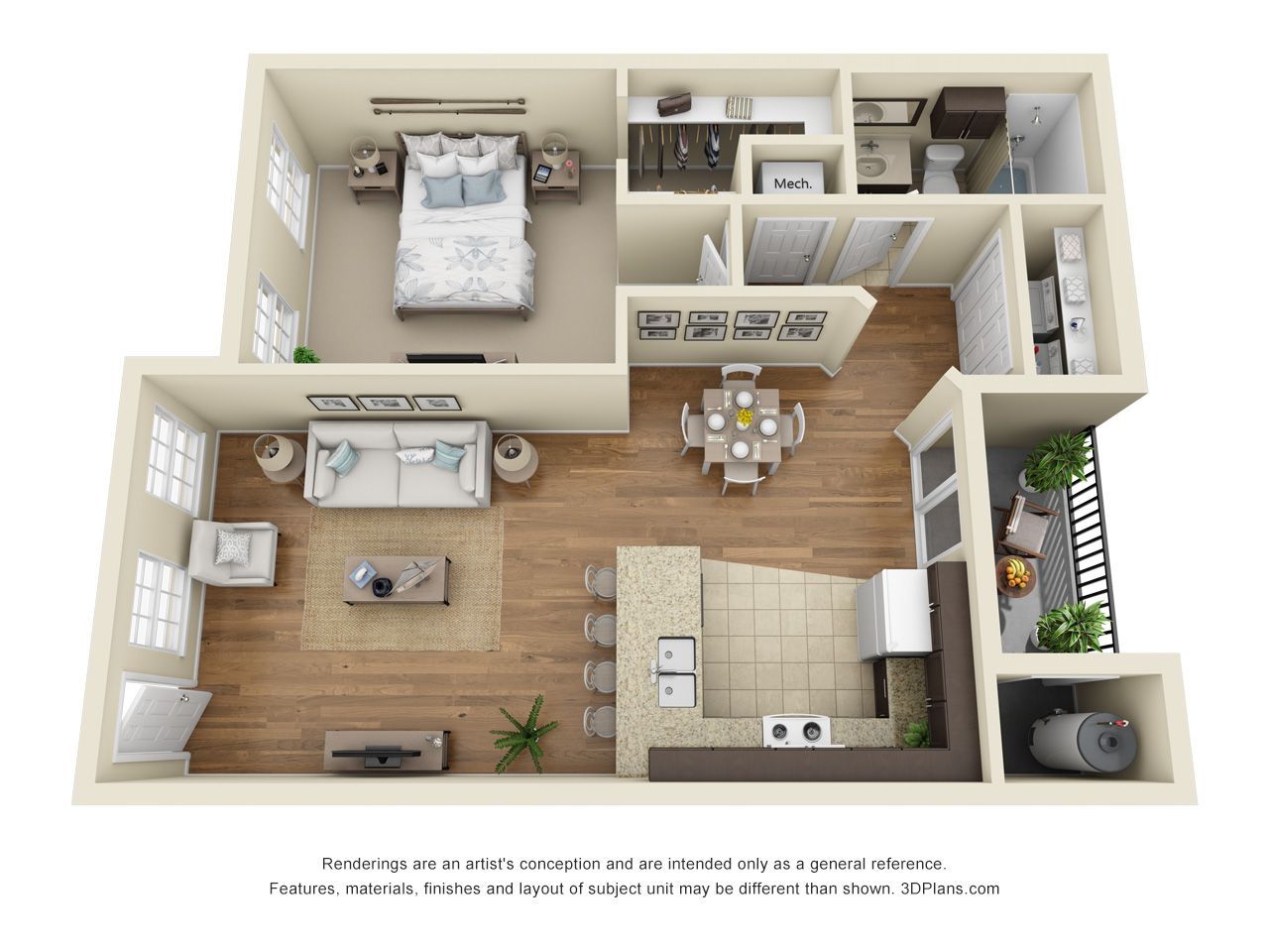 3D top-down apartment floor plan with living room, kitchen, bedroom, bath, and balcony.